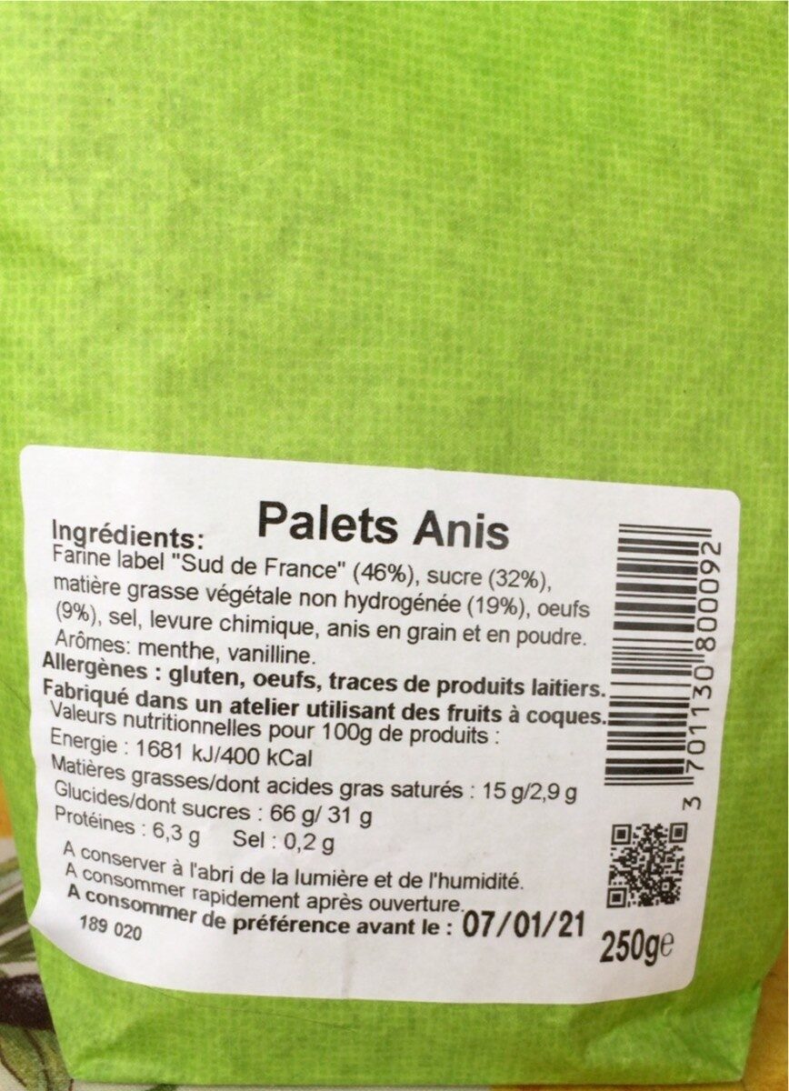 Palets Anis - Nutrition facts - fr