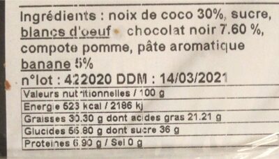 Rochers coco, chocolat noir & banane 80gt - Nutrition facts