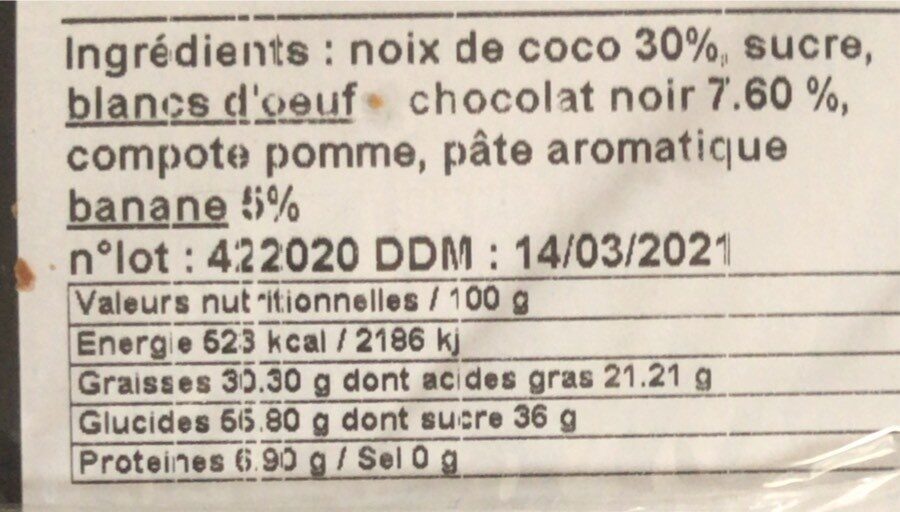 Rochers coco, chocolat noir & banane 80gt - Nutrition facts - fr