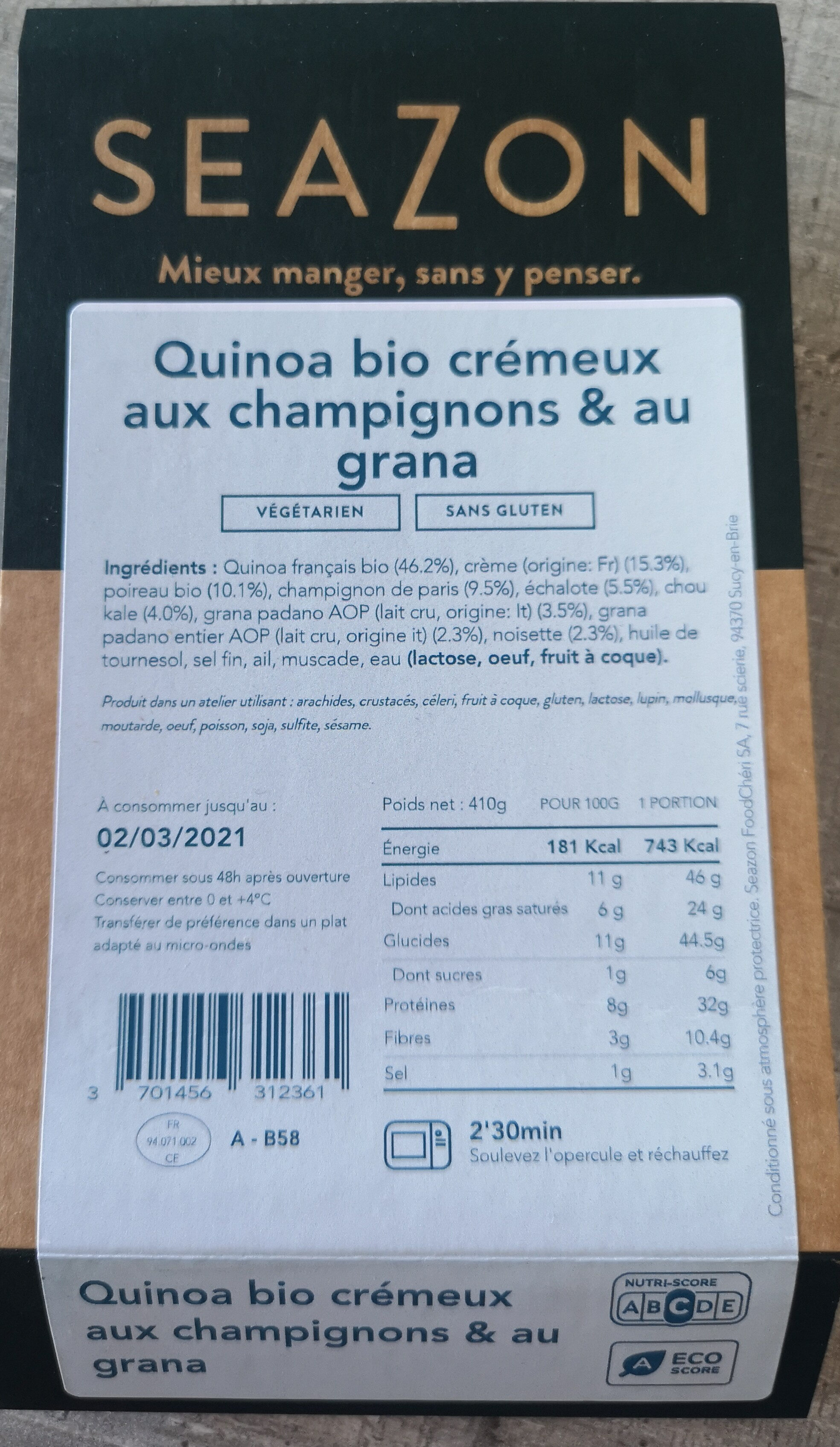 Quinoa bio crémeux aux champignons & au grana - Produit