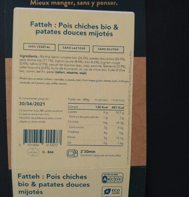 Fatteh: pois chiches bio & patates douces mijotés - Produit