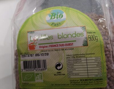 Lentilles blondes - Nutrition facts - fr