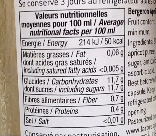 Nectar d'abricot Bergeron - Nutrition facts - fr