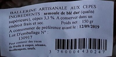 Pâtes Aux Cèpes (Artisanales Et Regionales) 150G - Ingrédients