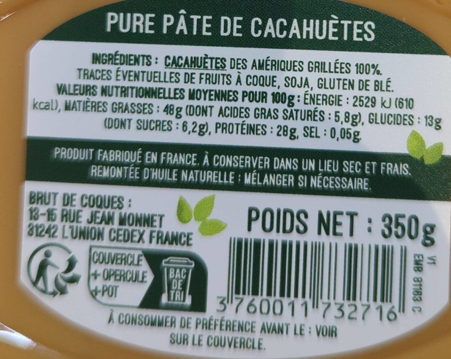 Pure pâte de cacahuètes - Nutrition facts - fr