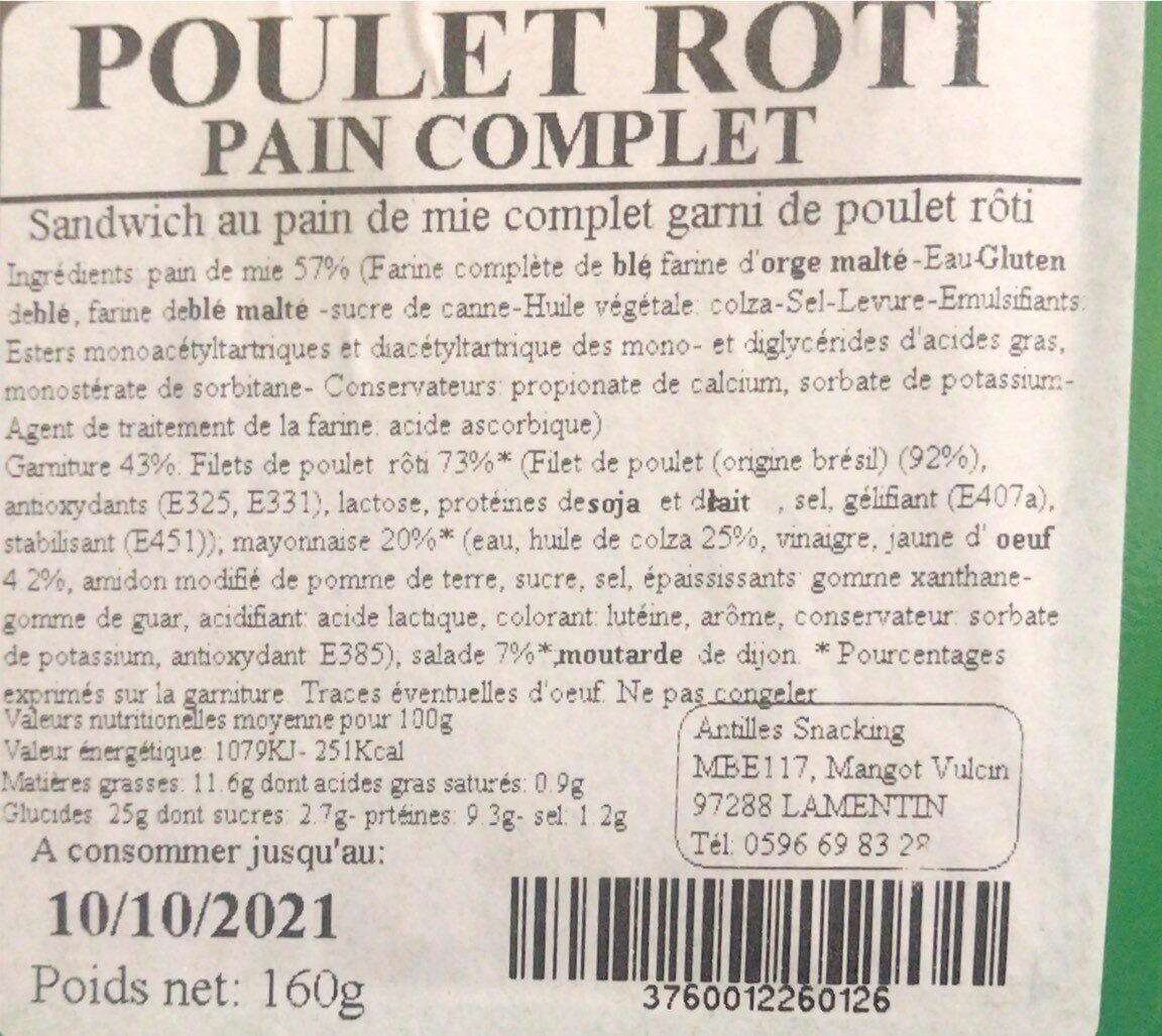 Poulet Rôti pain complet - Tableau nutritionnel