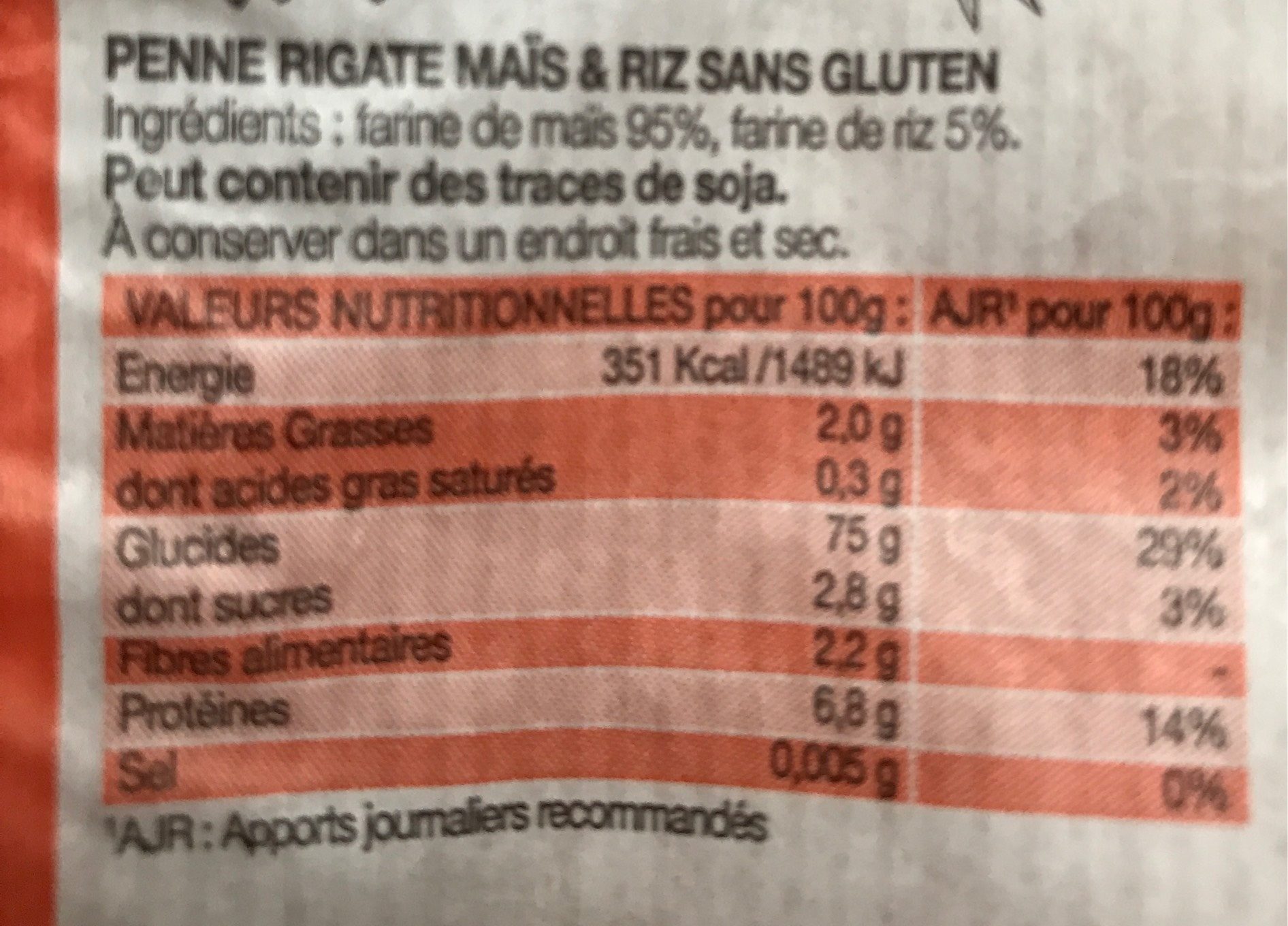 Penne rigate mais riz - Informació nutricional - fr