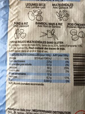 Penne rigate multicereales - Nutrition facts - fr