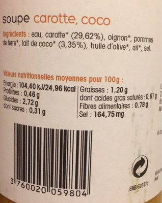 Soupe carotte,coco - Näringsfakta - fr