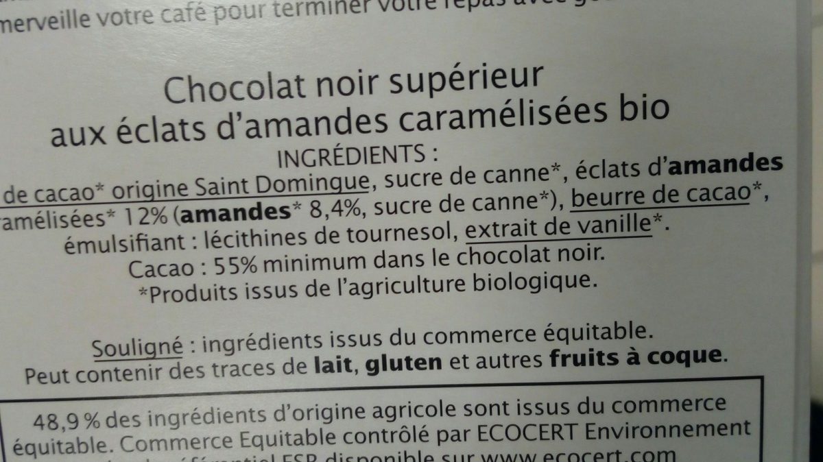 Chocolat noir amande - Ingredientes - fr