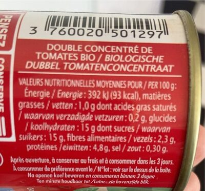 Double concentré de tomate - Tableau nutritionnel