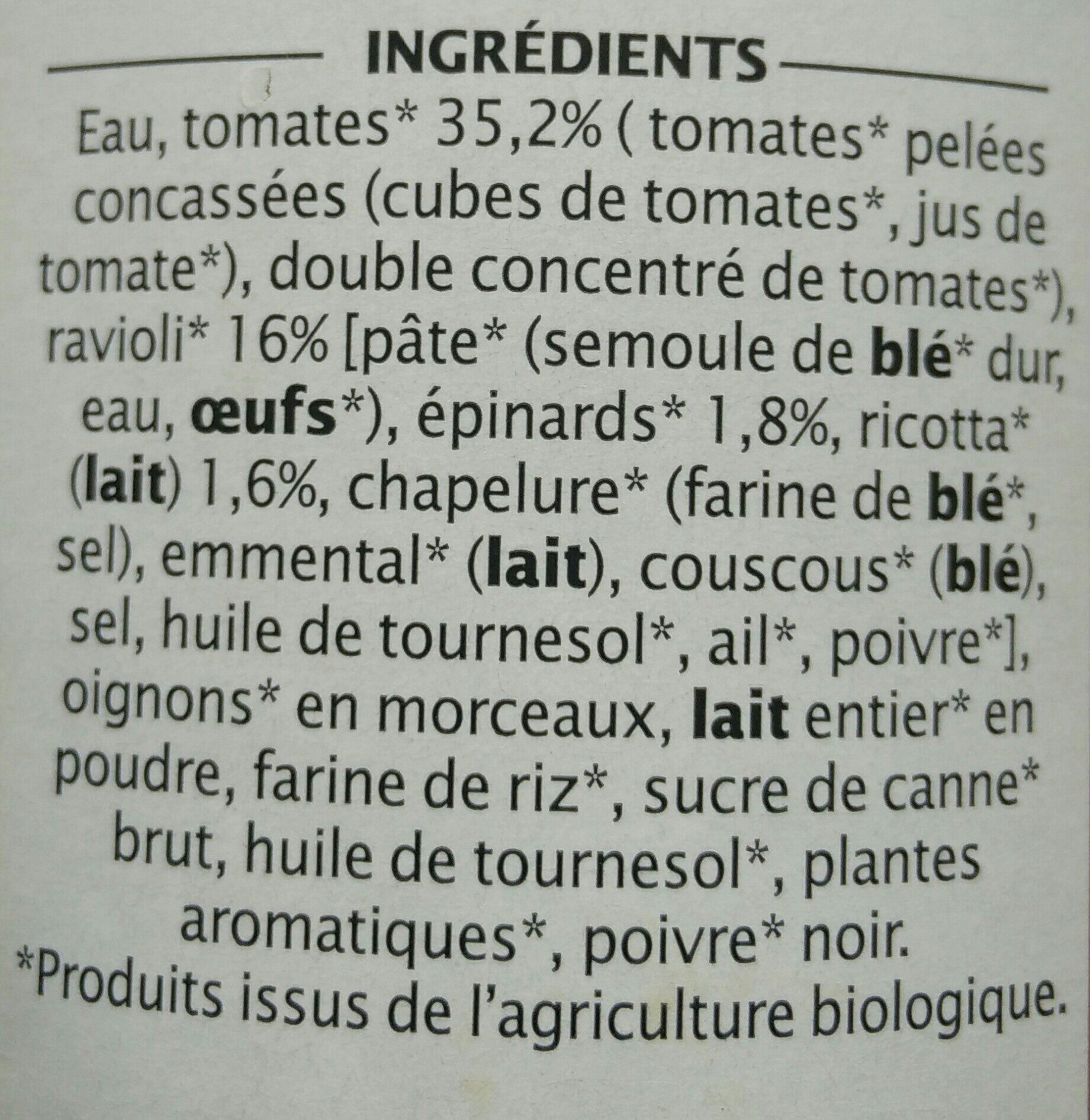 Ravioli épinard ricotta Bio - Ingrediënten - fr