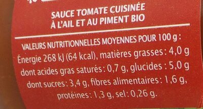 Sauce tomate Arrabiata - Tableau nutritionnel