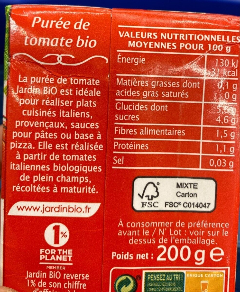 Purée de tomate bio - Tableau nutritionnel