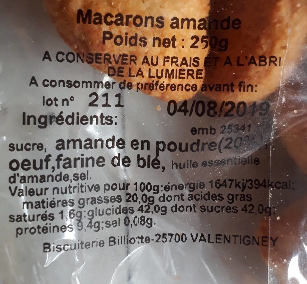 Macarons moelleux aux amandes - Nutrition facts - fr