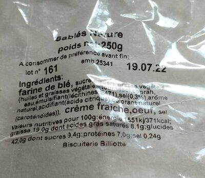 Sablés nature crème fraîche - Nutrition facts - fr