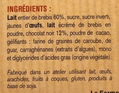 Glaces Fermières au lait de brebis chocolat - Ingrédients