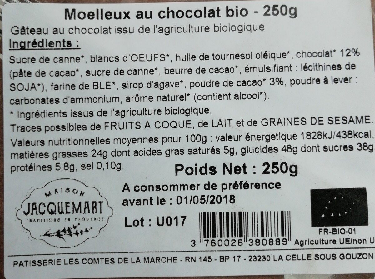 Moelleux au chocolat bio - Ingrédients