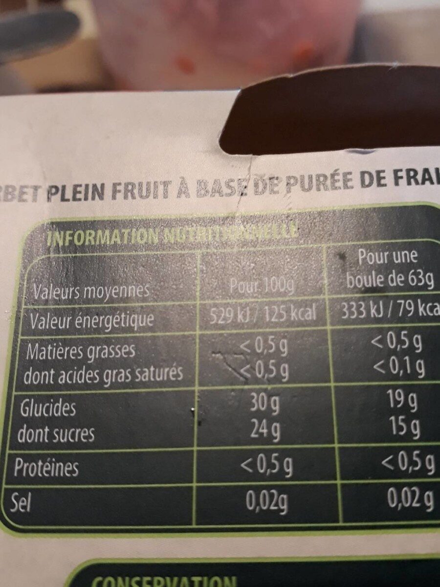 Sorbet plein fruit Fraise BIO - Tableau nutritionnel
