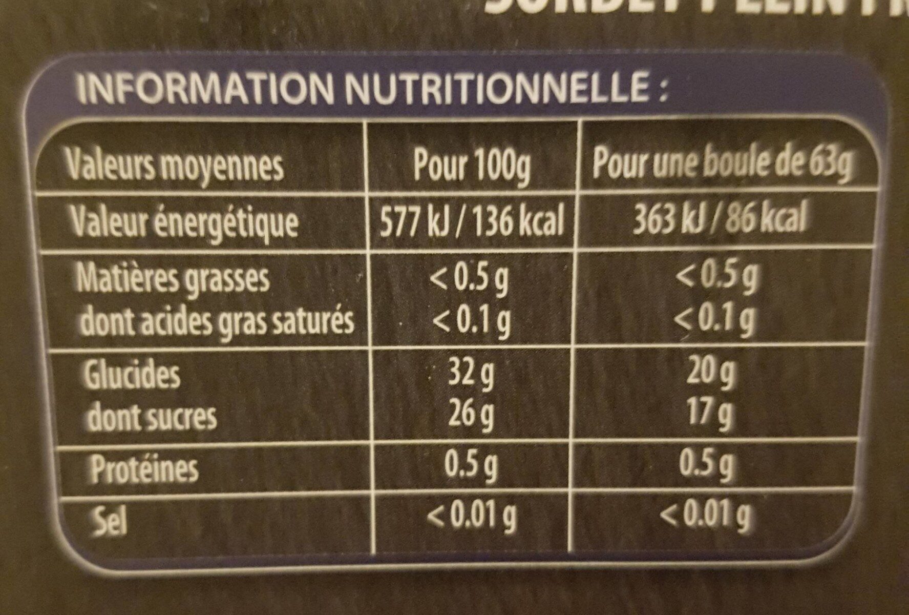 Sorbet plein fruit Fraise - Nutrition facts - fr
