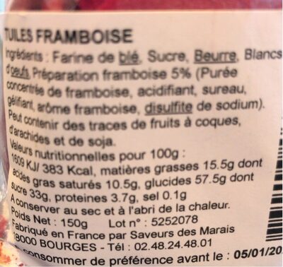 Les tuiles de Bourges Framboise - Tableau nutritionnel