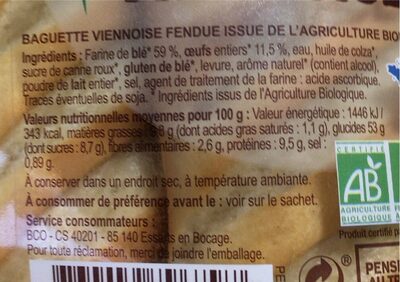 Bag viennoise bio* nature x4 340g - Nutrition facts - fr