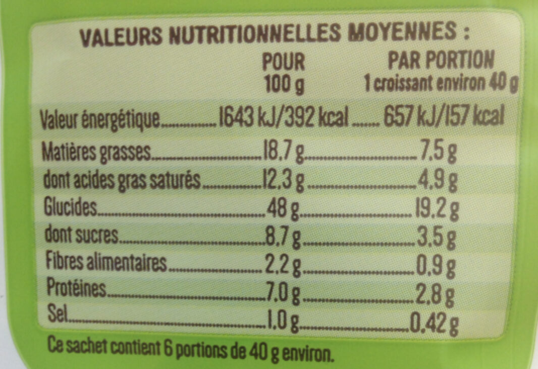 6 Croissants Bio pur beurre 240g - Tableau nutritionnel