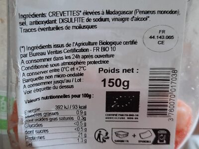 Crevettes bio de Madagascar - Nutrition facts - fr