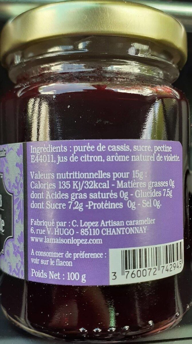 Confiture artisanale cassis violette - Nutrition facts - fr