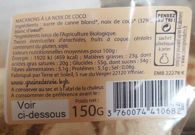Macarons Coco - Tableau nutritionnel