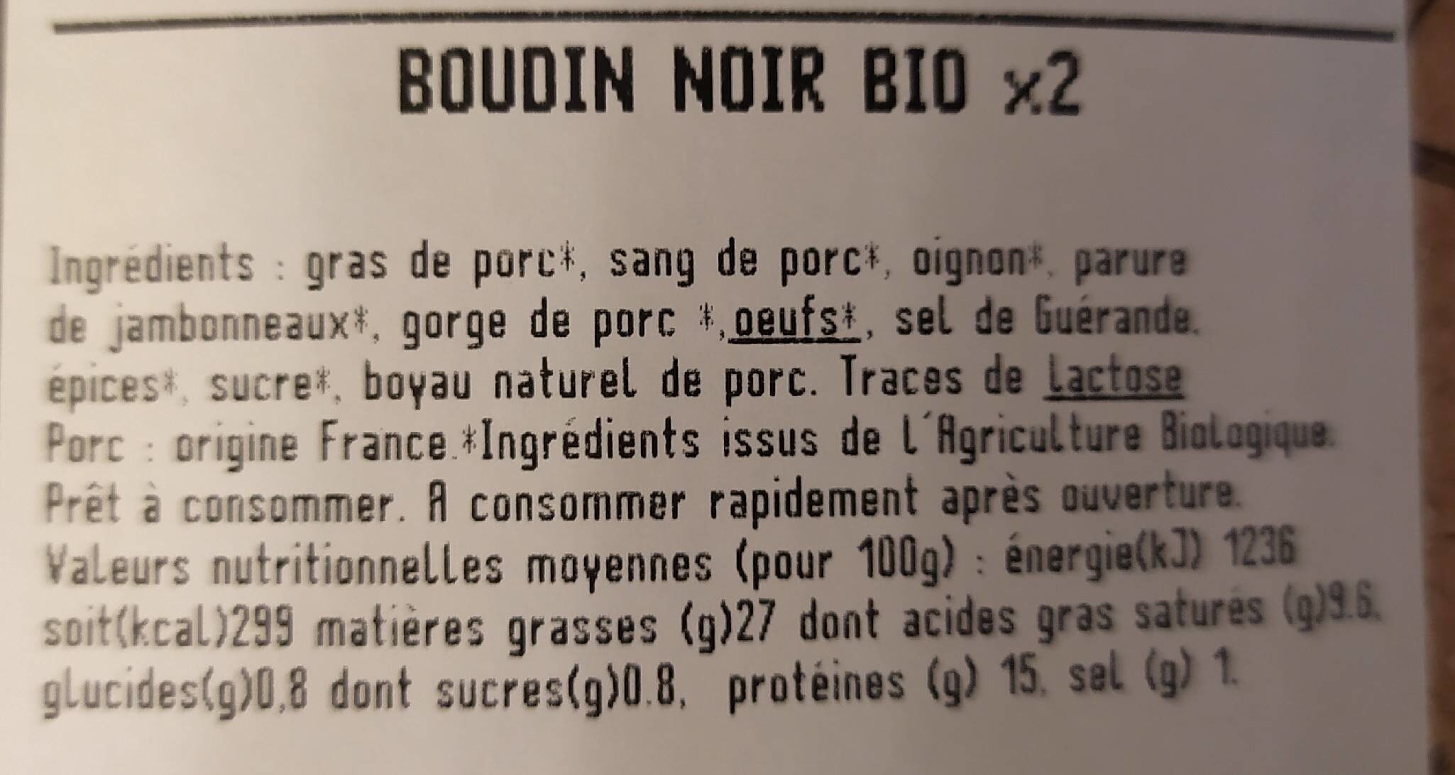 Boudin noir - Nutrition facts - fr