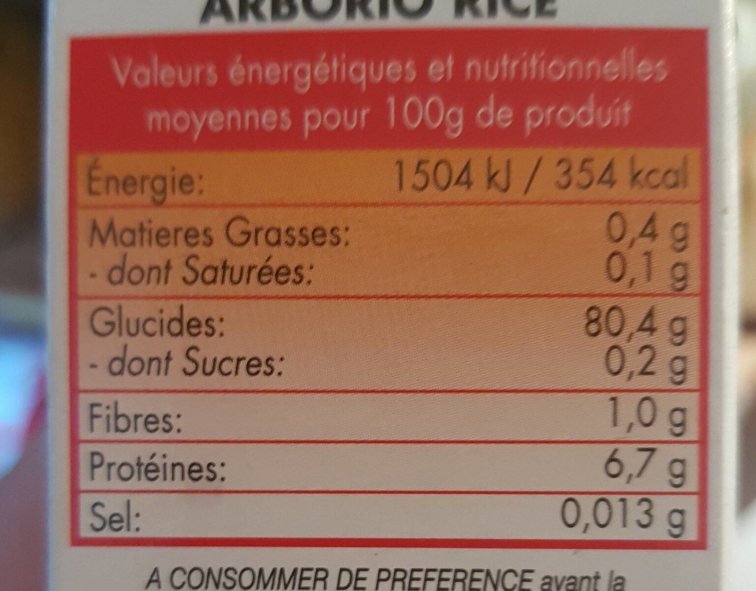 Riz ARBORIO - Nutrition facts - fr