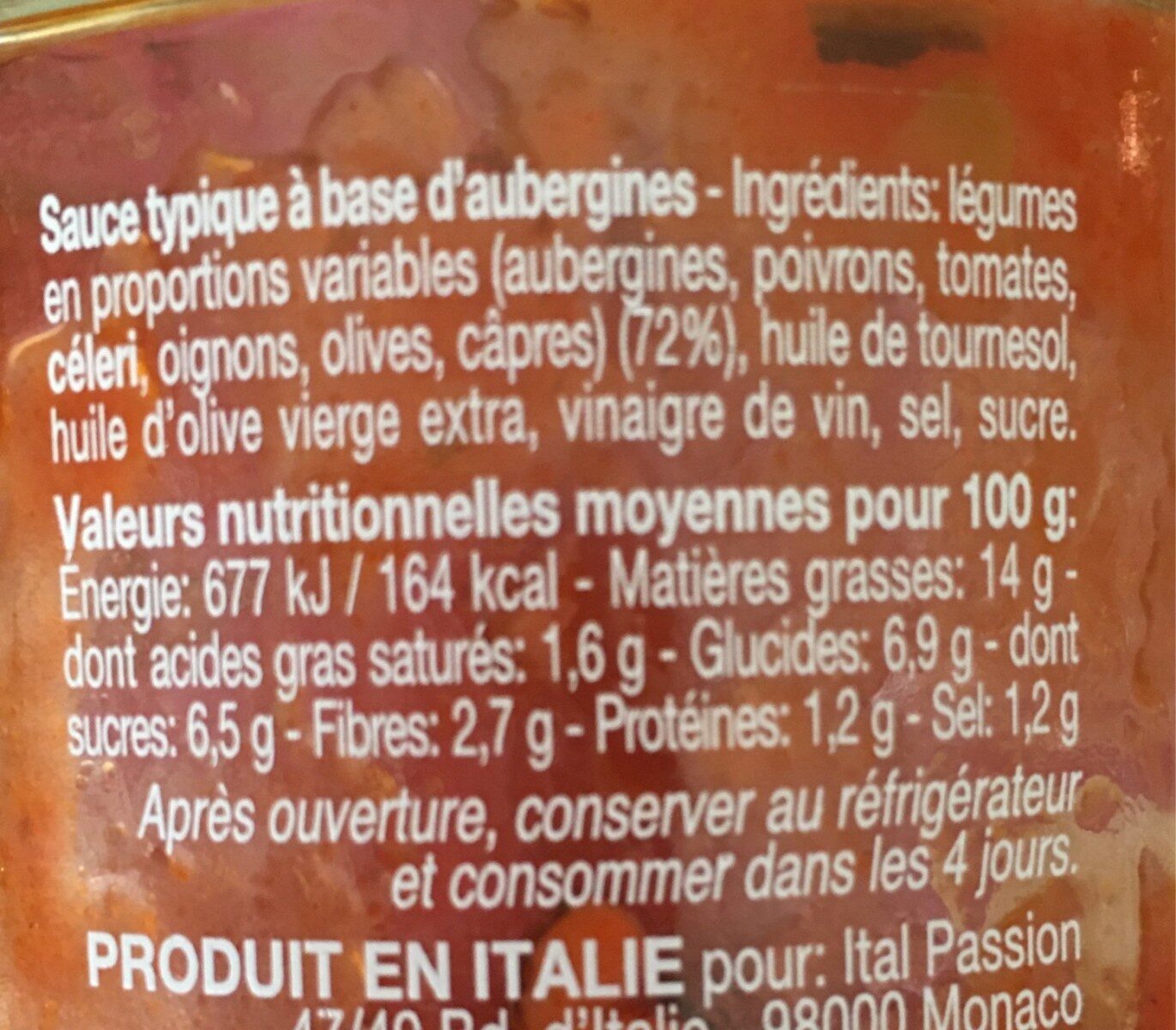 Caponata d'aubergines - Tableau nutritionnel