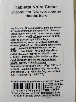 Tablette de chocolat Noir coeurs - Nutrition facts