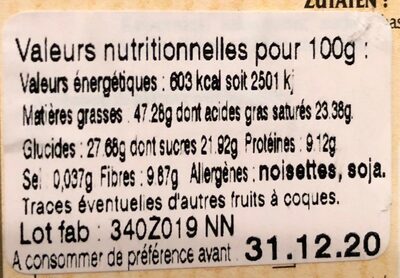 Chocolat Noir Noisettes - Tableau nutritionnel