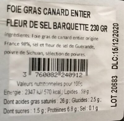 Le foie gras de canard entier à la fleur de sel de Guérande - Nutrition facts - fr