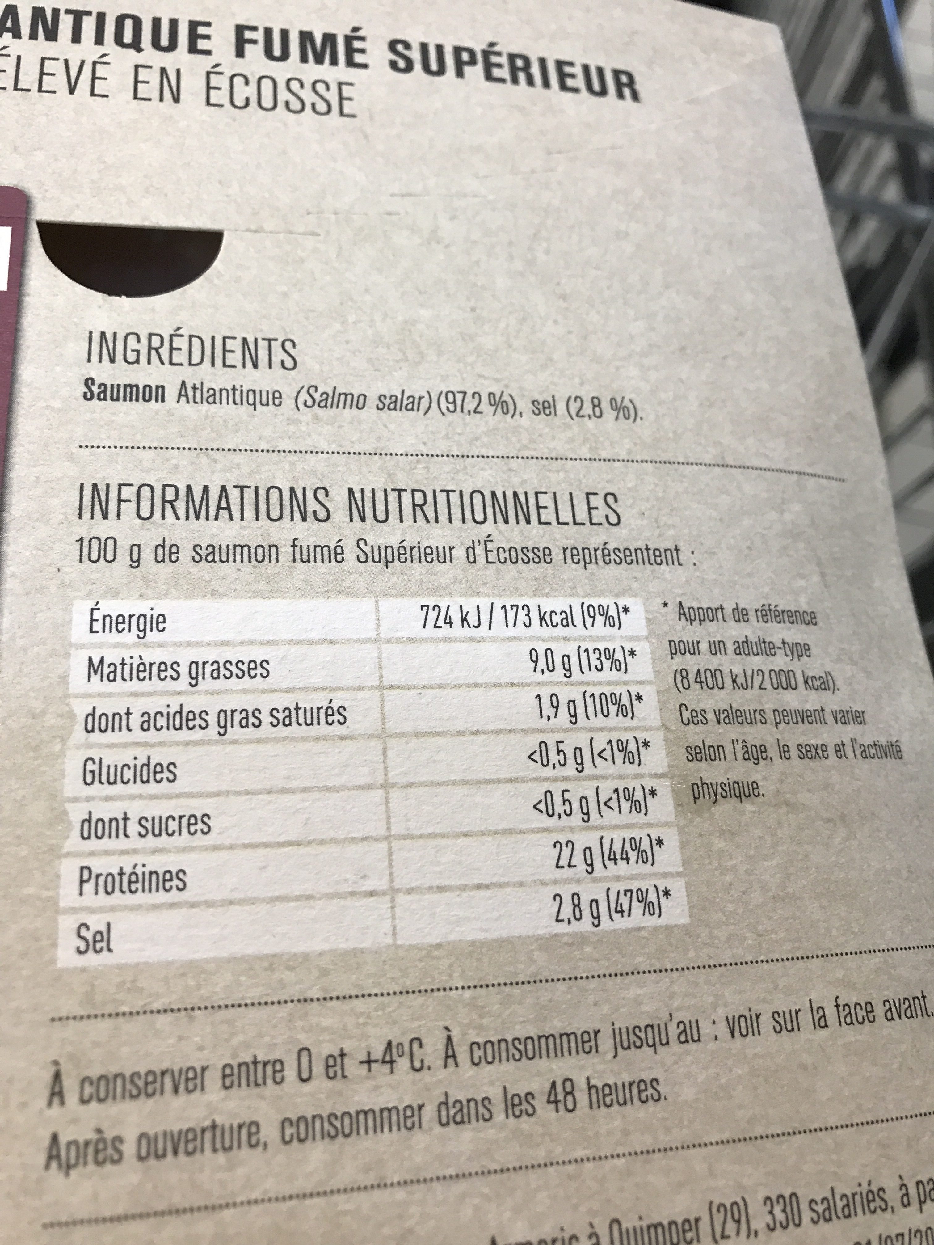 Armoric Saumon fumé supérieur Ecosse le paquet de 4 tranches 130 g - Ingrediënten - fr