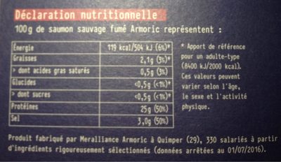 Saumon rouge du pacifique fumé ARMORIC, 5 petites tranches - Nutrition facts - fr