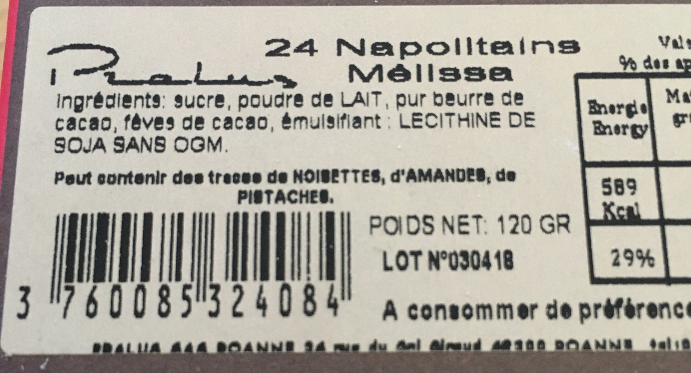 Napolitains Mélissa - Ingrédients
