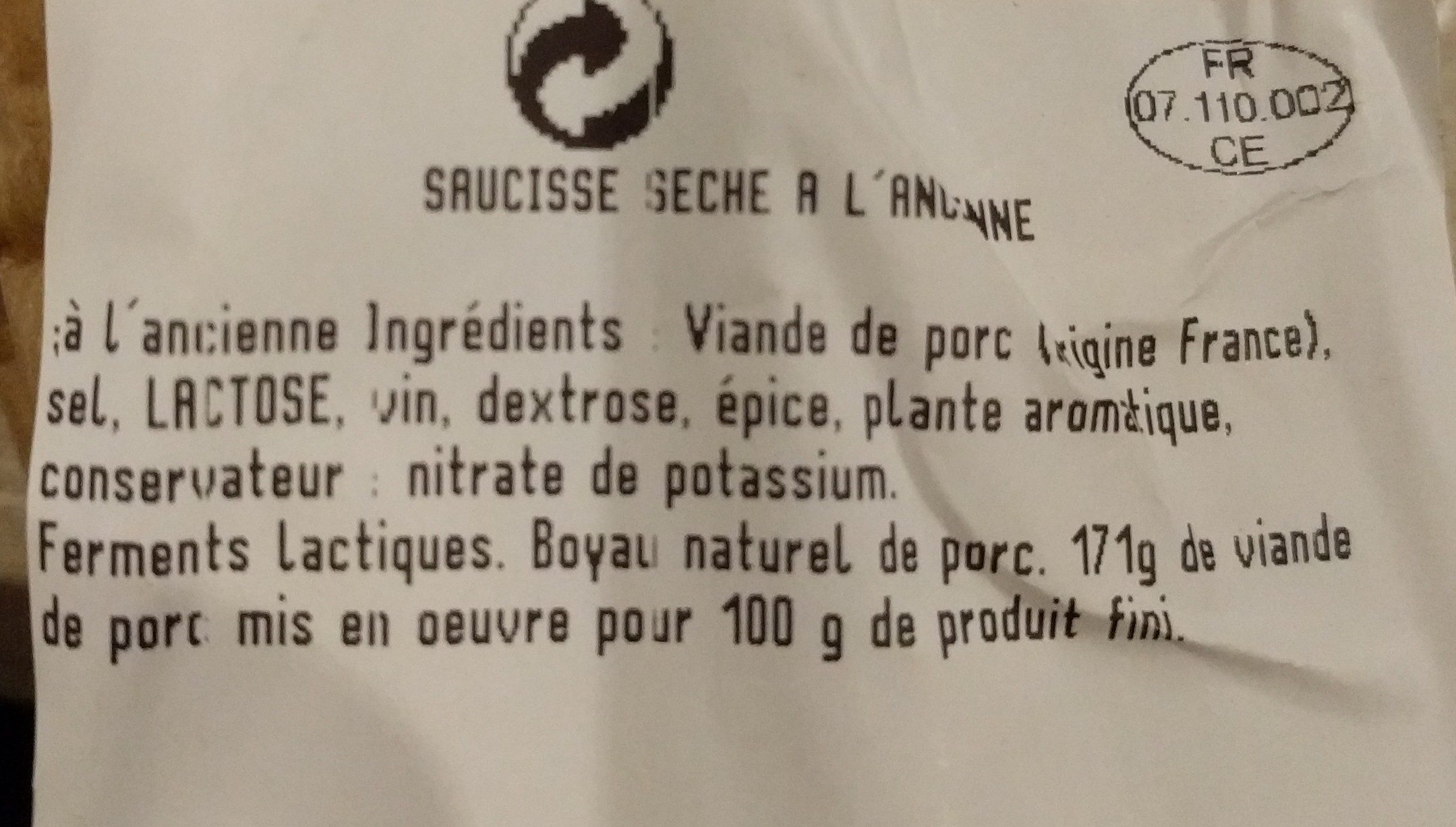 Saucisse sèche à l'ancienne artisanale - Ingredients - fr