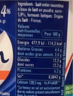 Yaourt Calin nature sucré - Nutrition facts - fr
