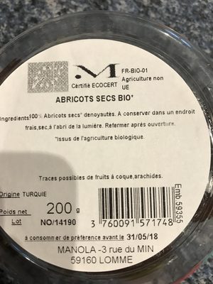Abricots secs bio - Ingrediënten - fr