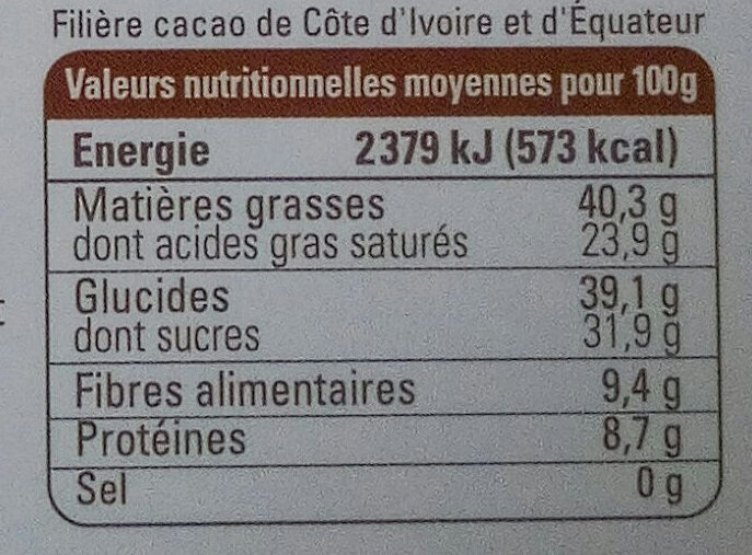 Chocolat noir Fèves de cacao - Nutrition facts - fr