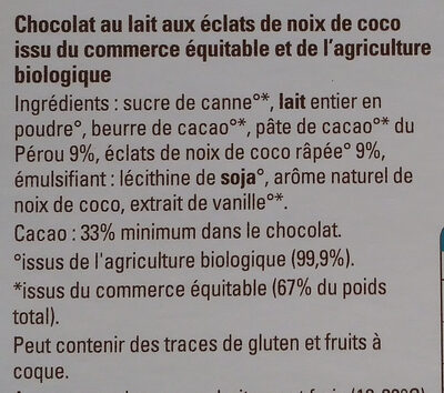 Chocolat lait noix de coco - Ingredients - fr