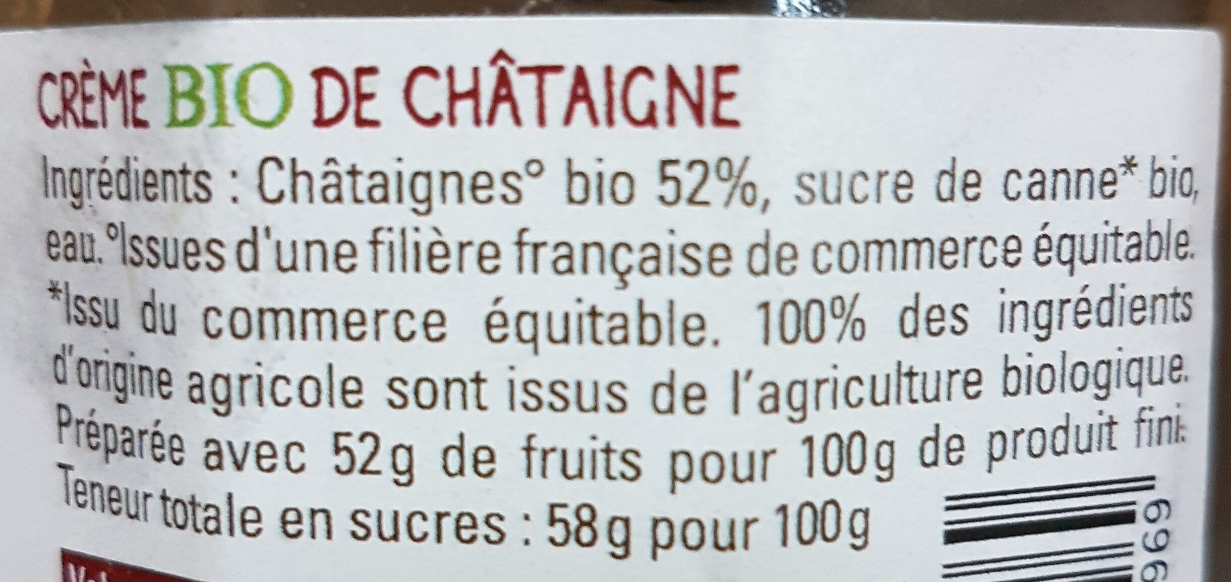 Crème bio de châtaignes - Ingrediënten - fr