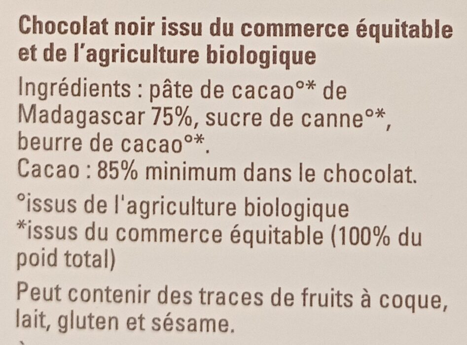 Chocolat noir 85% Madagascar - Ingrédients