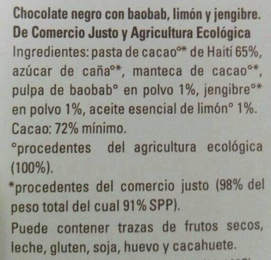 Chocolate negro: baobab, limón y jengibre - Ingredients - es