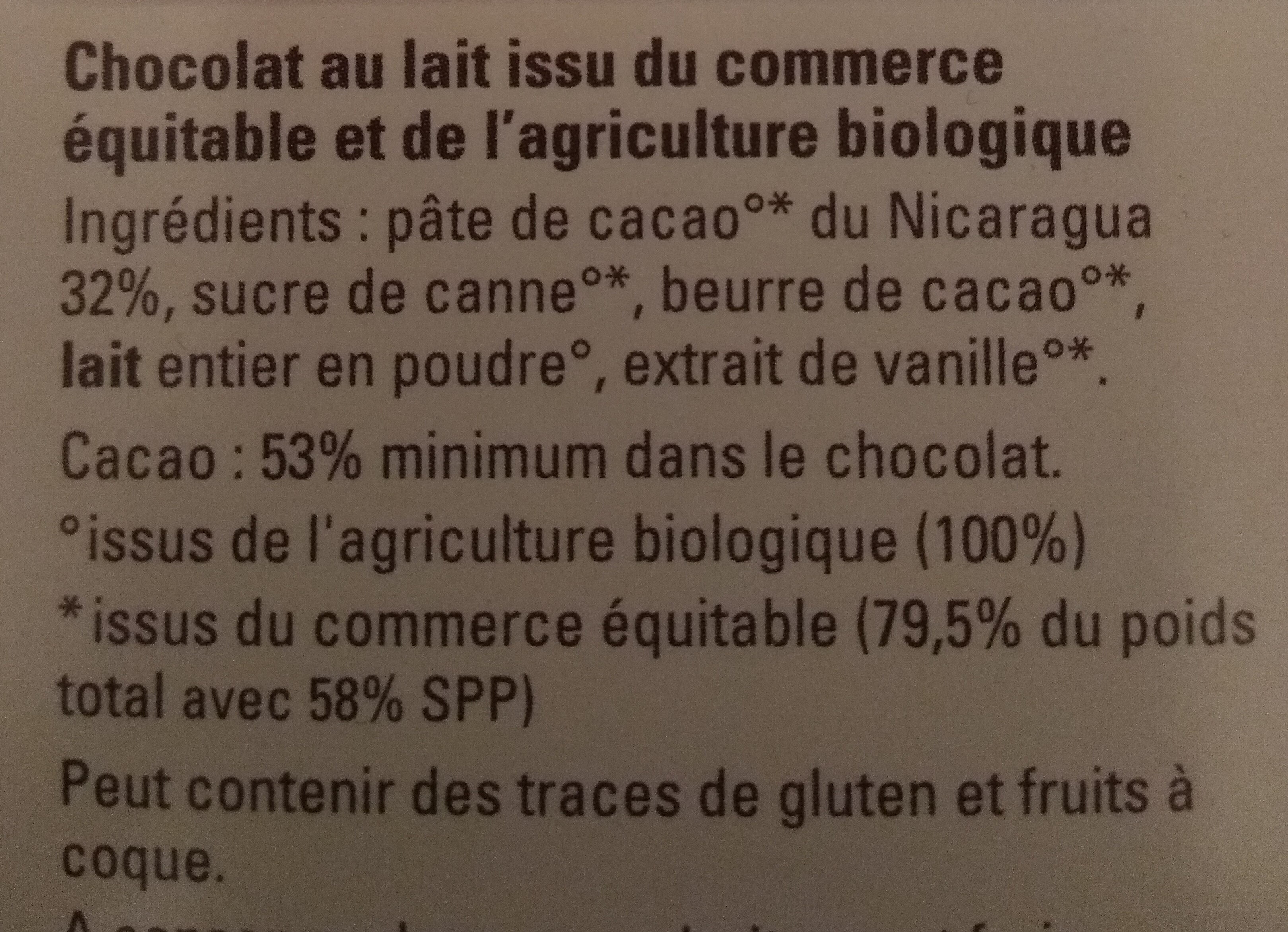 Chocolat lait commerce équitable - Ingrédients