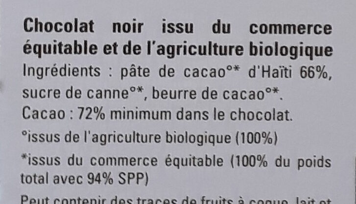 HAïTI Grand cru Cap haïtien 72% cacaoté et fruité - Ingrédients
