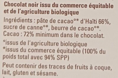 Haïti Grand cru Cap haïtien 72% cacaoté et fruité - Ingrédients